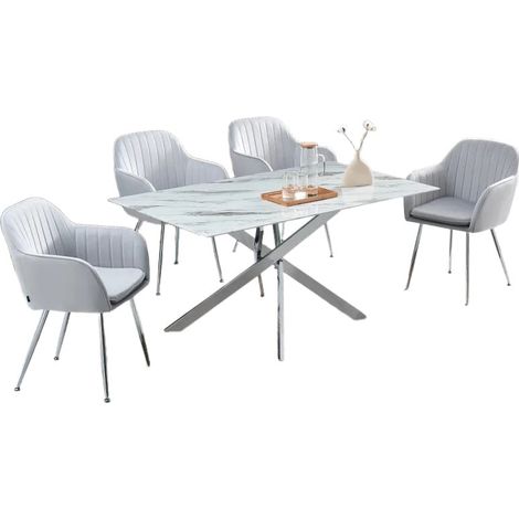 Table Repas JESSICA XXL Chrome et plateau en verre MARBRE BLANC 180 cm 6 à 8 couverts