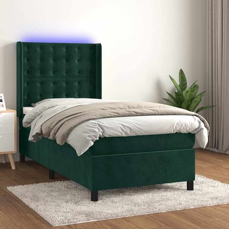 Cama box spring colchón y LED terciopelo verde oscuro 90x200 cm (1/5)