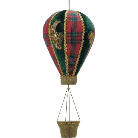 Mongolfiera Natalizia da Appendere H45 cm in Tessuto Scozzese con Merletti Oro da appendere e decorare casa locali commerciali - colorigenerali: Scozzese rosso