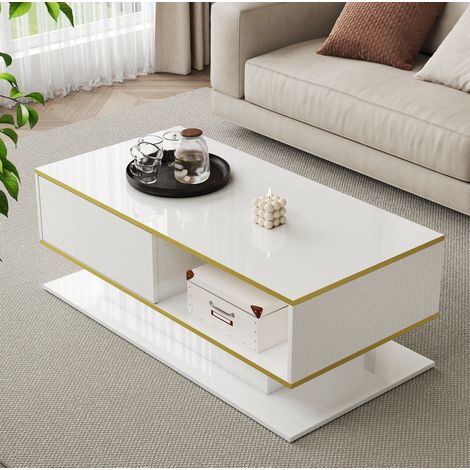 Tavolino da caffè LED con 3 cassetti e vano aperto 100 x 50 x 40 cm bianco e dorato DESVIAE (1/5)