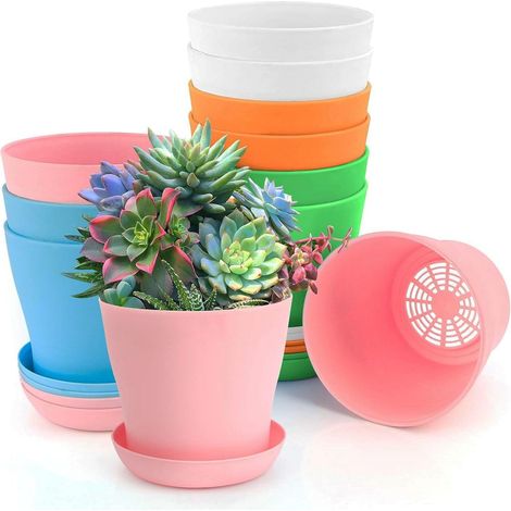 Pots de Fleurs,10 Pièces Petits Pot de Fleur,10cm Colorés Petits Pot Plastique Plante avec Soucoupe,pour intérieur,extérieur, décoration d'intérieur, Jardinage