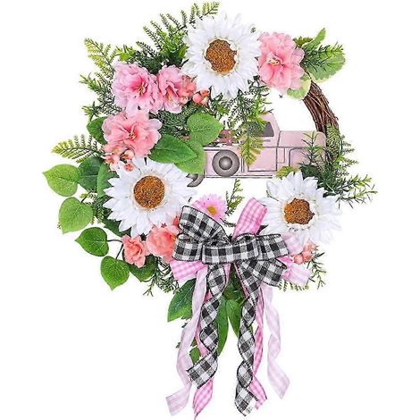 Couronne de printemps pour porte d'entrée, couronne de tournesols artificiels roses pour voiture, utilisable en toutes saisons pour la porte d'entrée et les murs de la maison (1/5)