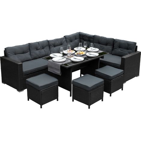 Set Rattan Angolare Jardí 9 Posti Nero Tavolo Vetro Cuscini Idrorepellenti