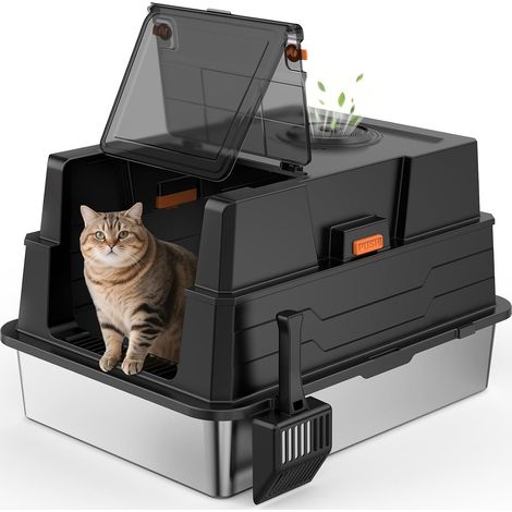Bac à litière pour chat en acier inoxydable avec couvercle, grande taille 71 x 51 x 42 cm, pour grands chats et ménages multiplaques, modes fermés, semi-ouverts et ouverts, version grand format (1/5)