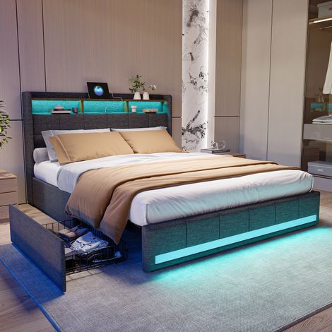 Lit adulte scandinave 140x190cm avec 4 tiroirs – Tête de lit éclairée LED – 2 ports USB – Sommier à lattes en lin Gris (1/5)