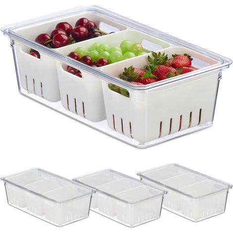 Relaxdays 4x Fridge Organiser, Stackable, 3 Draining Baskets, Food Organiser, Lid, 10 x 32 x 17.5 cm, Transparent/White
