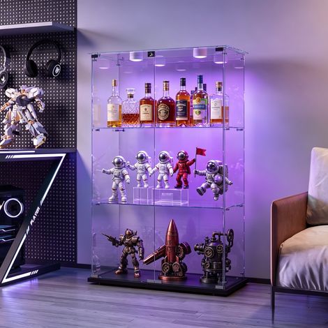 JOOKGBD-Glasvitrine,2 Tür vitrinenschrank 3 Regalen transparent, mit Schloss und LED,Sammlerstücke Glasvitrine,Bücherregal aus Glas,Vertikale Glasvitrine,für Wohnzimmer Schlafzimmer Büro,Schwarz