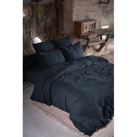 Parure de draps 4 pièces & 5 pièces "Gaïa" Gaze de Coton - Gaïa Minuit - Parure de draps 5 pièces (1 Drap plat 240 x 300 + 1 Drap housse 160 x 200 + 2 Taies 60 x 60 + 1 Taie de Traversin) - Gaia Minui (1/2)