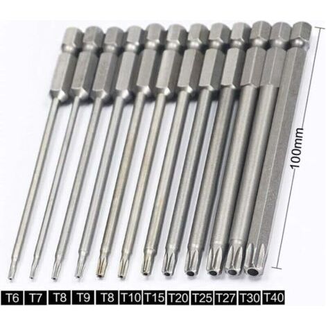 Jeu de 11 embouts longs Torx pour tournevis et visseuse électrique - Embouts magnétiques - Tige hexagonale de 1/4 - Tailles T6 à T40 - Longueur 100 mm (1/4)