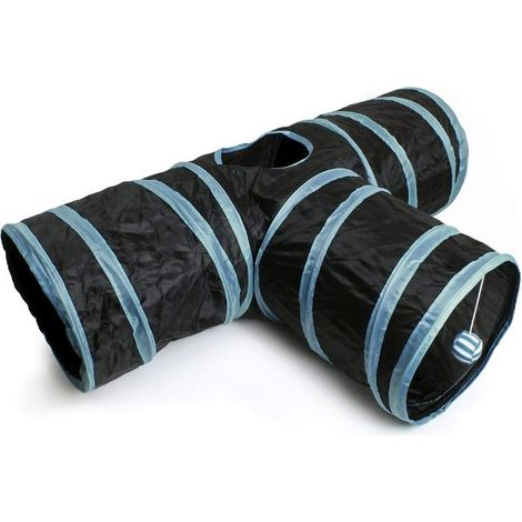 Tunnel Chat Tunnel Pliable, Jouet Chat Interactif Tunnel Lapin à 3 Canaux, avec Boule pendante - intérieur/extérieur - Garniture Noire/Bleue (1/5)
