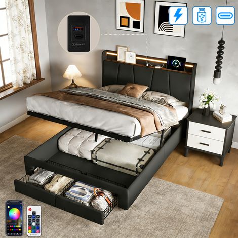 Lit Coffre 140x190 CM - avec LED et USB Tpye C - Tête de lit est Pliable - Rangement Hydraulique et 2 tiroirs - Lit 2 Personnes avec sommier - Lin gris (1/5)