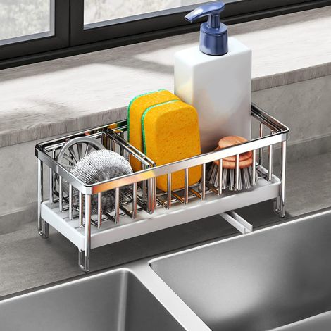 Küchenspülen-Organizer, Schwammhalter, Edelstahl 304, multifunktionales Küchenregal mit automatischer Abtropfschale, Silber (1/5)