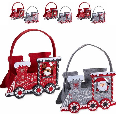 Borsette natalizie in panno a forma di trenino con Babbo Natale e renna set 6 pezzi assortiti 20,5x9x13 cm (1/3)