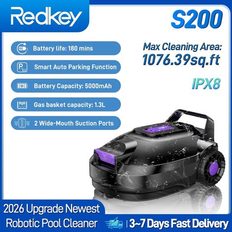 Robot Pulitore Piscina Senza Fili Redkey S2, Batteria 5000mAh, 180 Minuti di Autonomia, Impermeabile IPX8, Aspiratore Automatico per Piscina con Un Solo Tocco