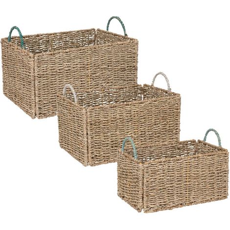 Atmosphera – Lot de 3 caisses en roseau naturel – Dimensions L 29/34/38.5 cm – Rangement décoratif pour intérieur – Fibre végétale beige (1/4)