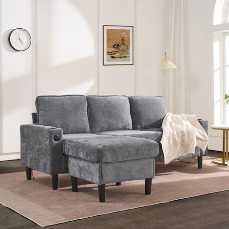 Canapé d’angle modulable 3 places 202x137 cm avec pouf mobile 2 USB USB-C porte-gobelets poches latérales lin Gris (1/5)