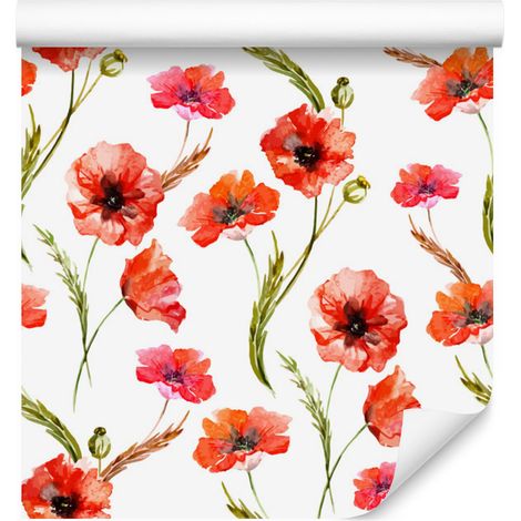 Papel pintado con amapolas en flor sobre fondo de cereales para salón y dormitorio, 50x1000 cm. (1/5)