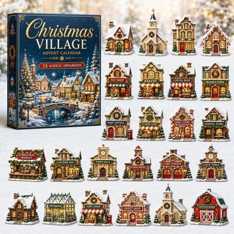 Boîte mystère de Noël avec village festif dans boîte bleue modèle B, figurine décorative surprise pour sapin, maison et fête (1/4)
