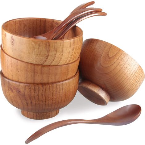 Set of 4 Japanese jujube wood bowls, 10.7 cm + 4 matching spoons, handmade