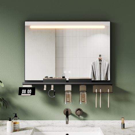 SIRHONA 70×50cm Miroir lumineux de salle de bain avec étagère de rangement, antibuée, éclairage 3 couleurs, éclairage réglable, bande lumineuse supérieure