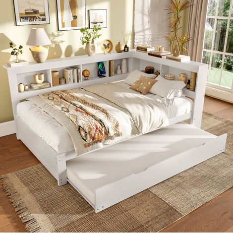 Divano letto 140x200 cm bianco in MDF e pino con letto estraibile, prese USB e cassetti (1/5)