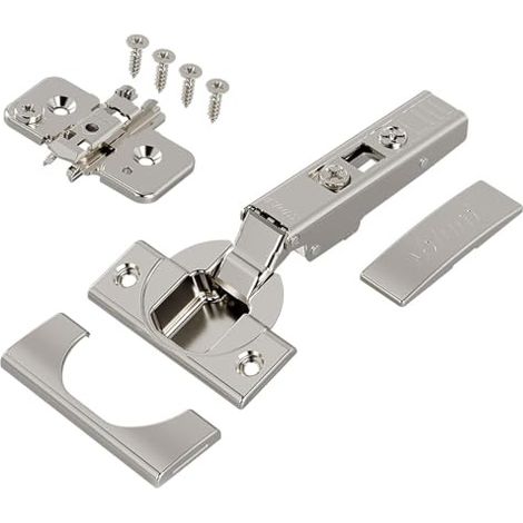 Blum Clip Top Set mit 2 geraden 110°-Scharnieren inklusive Feder, Schrauben, Eckanschlag und exzentrischer Kreuzmontageplatte aus Stahl (Schraubenabstand 0 mm)