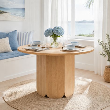 Mesa de comedor redonda de 120 cm para 4 a 6 personas, MDF, color roble OKMYHOME (1/5)