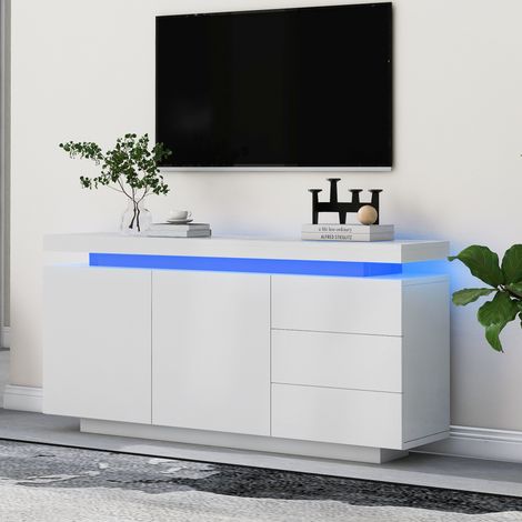 Credenza 140x35x72,5 cm in pannelli di legno bianco con illuminazione LED moderna FloraGrace (1/5)