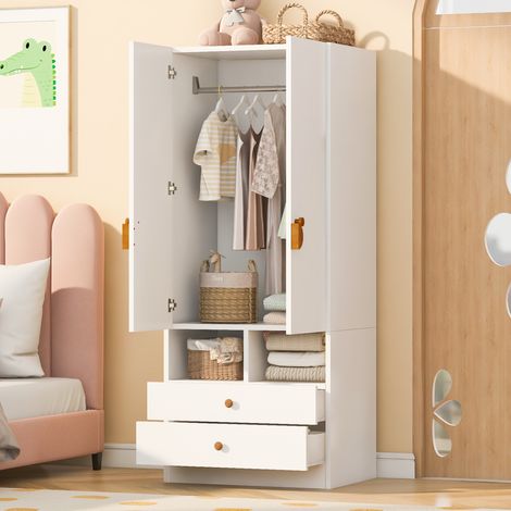 Armoire 70x50x170 cm avec 2 tiroirs et étagères, double porte, poignées style cartoon, MDF bois - blanc (1/5)