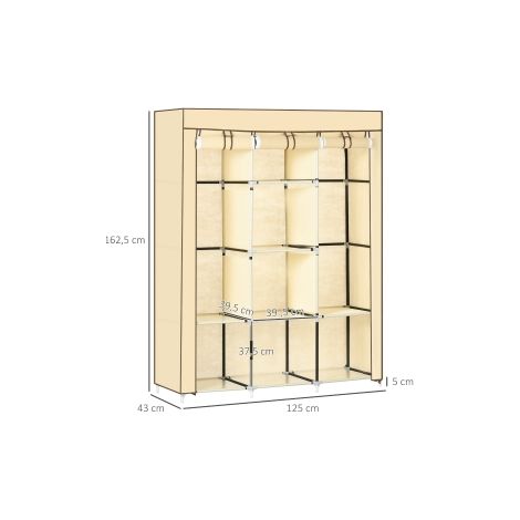 Armoire penderie beige en tissu non tissé avec 8 étagères et tringles, pliable et peu encombrante pour chambre et entrée (1/5)