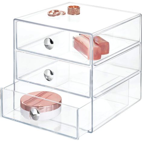 Drawers Organisateur Maquillage, Boite de Rangement en Plastique pour Cosmétiques, Maquillage, etc., Boite Tiroir à 3 Tiroirs, Transparent (1/5)