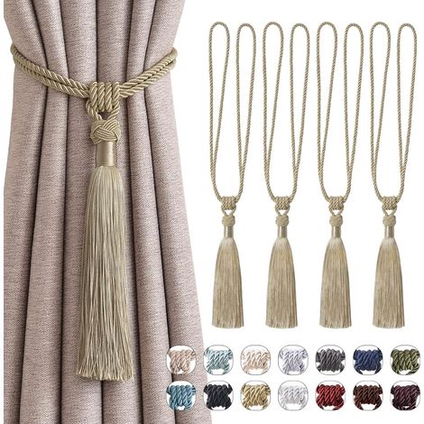Lot de 4 embrasses à pompons longues, faites main, nœud en corde tressée style européen, kaki. (1/5)