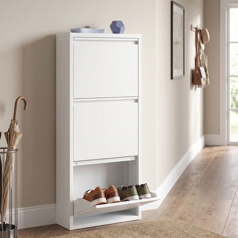 Meuble à Chaussures d'Entrée avec 3 Abattants en Métal Gain de Place 50 x 15,5 x 113,5 cm Blanc (1/5)