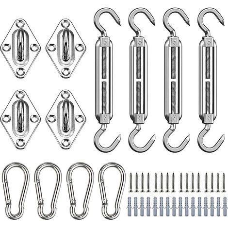 Kit de Fixation pour Voile d'Ombrage, 44 Pcs Inoxydable Kit de Montage Fixations d'ombrage de Voile, Kit Accessoires de Fixation de Matériel pour Auvents Carrés Rectangle et Triangulaires (1/5)
