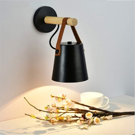 Noir Moderne Applique Murale LED Industrielle Métal Bois éclairage Wall Light Luminaire E27 Douille pour Décoration Chambre Restaurants Café (1/4)
