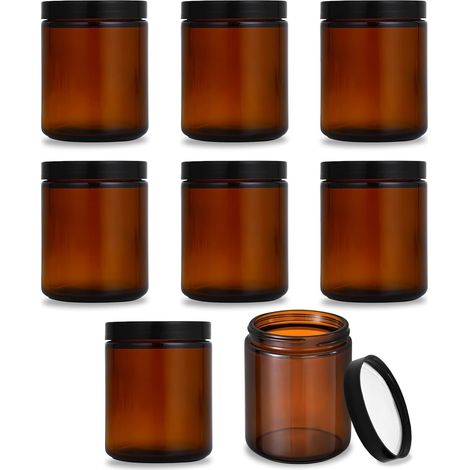 Lot de 8 Bocaux en Verre Ambré 240ml avec Couvercles Noirs Vissés - Pots Étanches pour Cosmétiques, Crèmes, Huiles Essentielles, Épices - Récipients Réutilisables et Hermétiques (1/5)