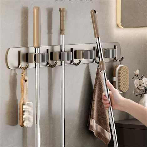 Support Mural pour Balai Sans Perçage - Range-Balai Suspendu avec 4 Clips et 5 Crochets, Gris Foncé, 53x4 cm, Pour Salle de Bain, Cuisine, Balcon
