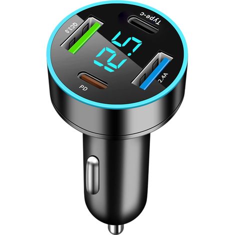 Caricabatterie auto USB a 4 porte, caricabatterie auto USB rapido Dual PD e QC3.0 da 20 W, caricabatterie auto USB con voltmetro a LED, nero