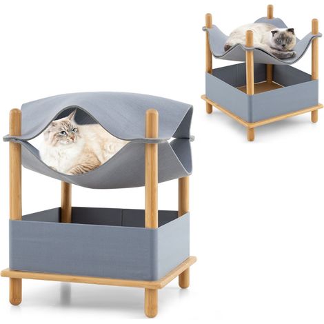 Cuccia per gatti a due livelli 46 x 46 x 53 cm con condominio semi-chiuso e ripiano portaoggetti stile moderno in bambù grigio 200012649