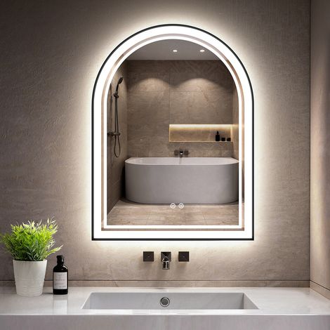 Miroir de salle de bain GIMBELEN 80x60 cm avec éclairage, miroir noir avec éclairage, miroir bombé avec lumière, 3 couleurs de lumière, variateur, interrupteur tactile, miroir LED arqué. (1/5)