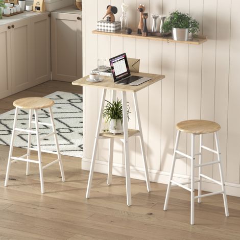 Table de bar carrée pour 2 personnes, table haute de cuisine avec étagère, 55 x 55 x 95 cm, naturelle et blanche (1/5)