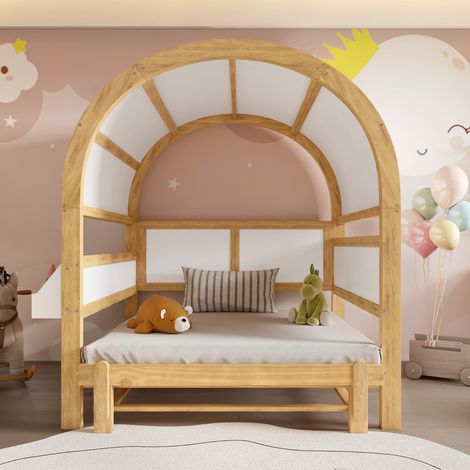 Lit extensible à toit voûté, lit coulissant pour enfant, canapé-lit avec étagère latérale, pin et panneau MDF, teinte blanche et naturelle, dimensions 140x200 cm. (1/5)