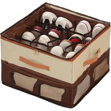 Boîte à chaussures - Peut contenir jusqu'à 8 paires de chaussures - Marron - 43 x 43 x 31 cm - Grand meuble à chaussures avec étagères et couvercle (1/3)