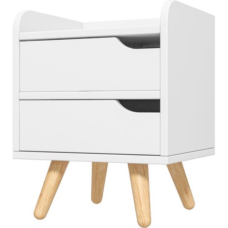 Table de chevet gain de place, table de nuit moderne avec 2 tiroirs, design épuré, bois blanc, pieds en pin, 33 x 28 x 42 cm, blanc