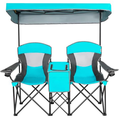 COSTWAY 2-Sitzer Campingstuhl mit Sonnenschutz, Mini-Tisch, Kühltasche & Getränkehalter, klappbarer Angelstuhl mit Tragetasche, Faltstuhl, Klappstuhl für Camping, Angeln, Picknick Navy (1/5)