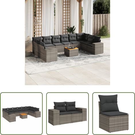 vidaXL Rattanmöbel - 11-tlg. Garten-Sofagarnitur mit Kissen Grau Poly Rattan (1/5)