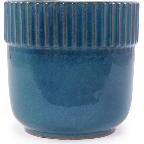 Pot de fleur en céramique artisanale Ø 30,5 cm turquoise brillant avec rainures verticales, percé pour drainage, pour plantes d'intérieur et balcon (1/5)