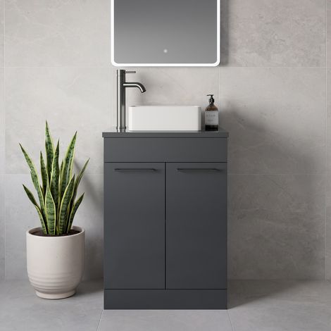 Napoli 390 Gloss Grey 600mm 2 Door Vanity Unit for Countertop Basins - 600mm - Gunmetal Grey 160mm Handle