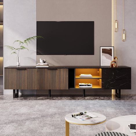 Meuble TV 200x50x38 cm, Meuble bas de salon pour grand écran de 60 à 69 pouces, Buffet TV avec 2 portes et 2 tiroirs pieds de 15cm, Noir et Bois (1/5)