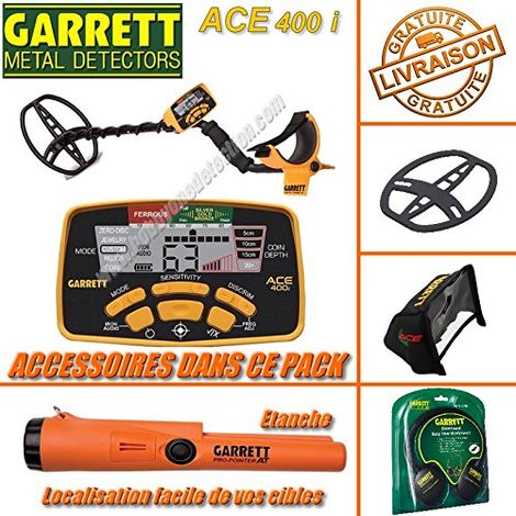 Détecteur de métaux Garrett ACE 400i – Alimentation 4 piles LR6 – Autonomie 35H – Écran de contrôle – ProPointer AT inclus (1/3)